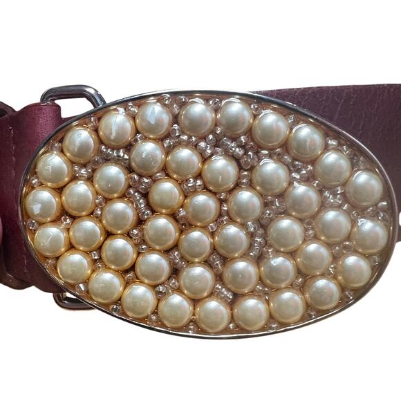 Streets Ahead Maroon Leather  Belt Gold Pearl Buckle Made in USA Size Large - Picture 3 of 9